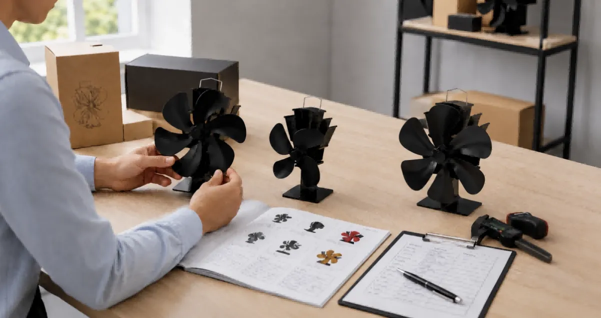 Fireplace distributor evaluating heat powered stove fan samples and supplier documents(1)