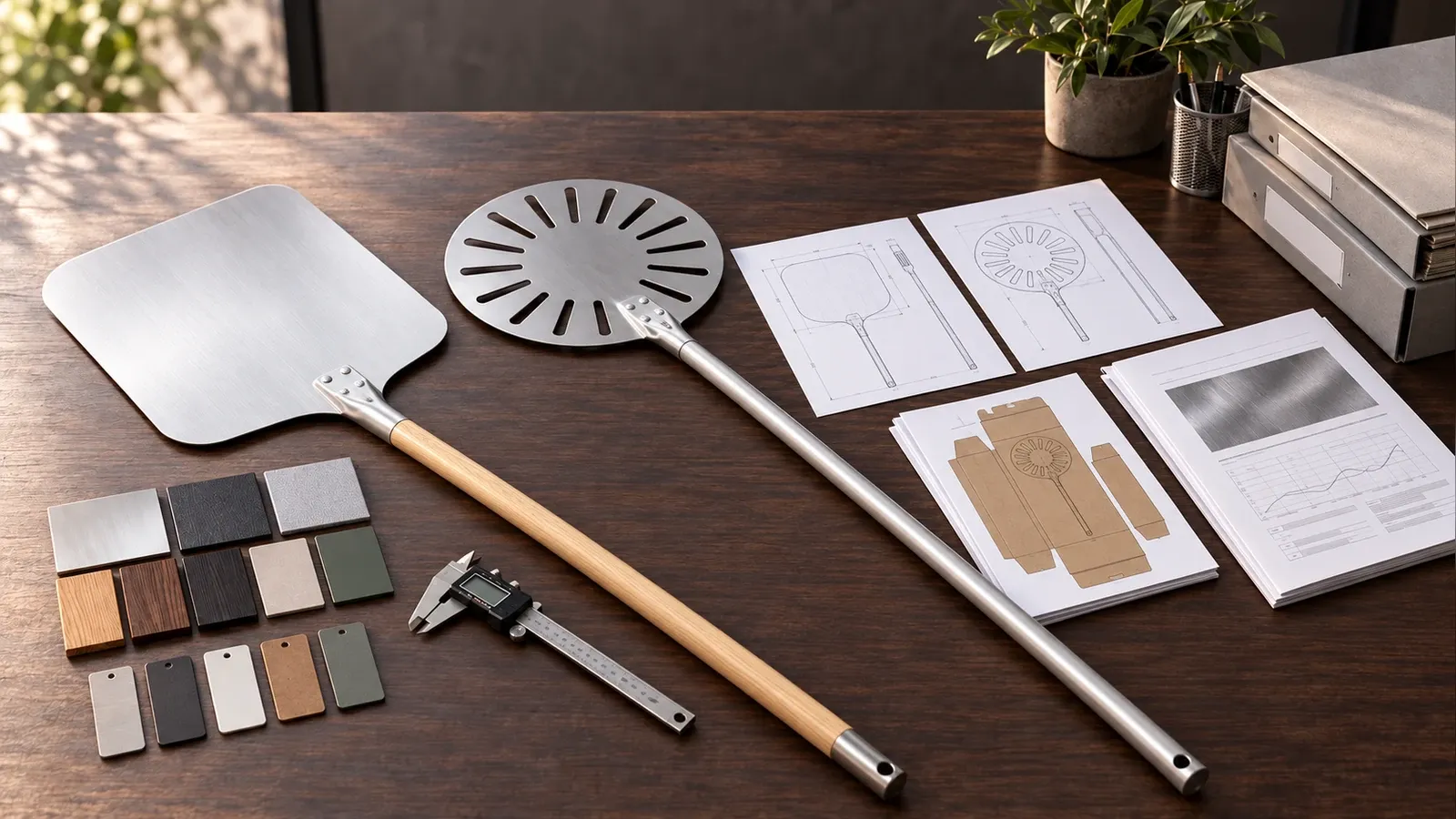 Long-handle pizza peel samples, material swatches, drawings, caliper, packaging artwork, and item-level documentation