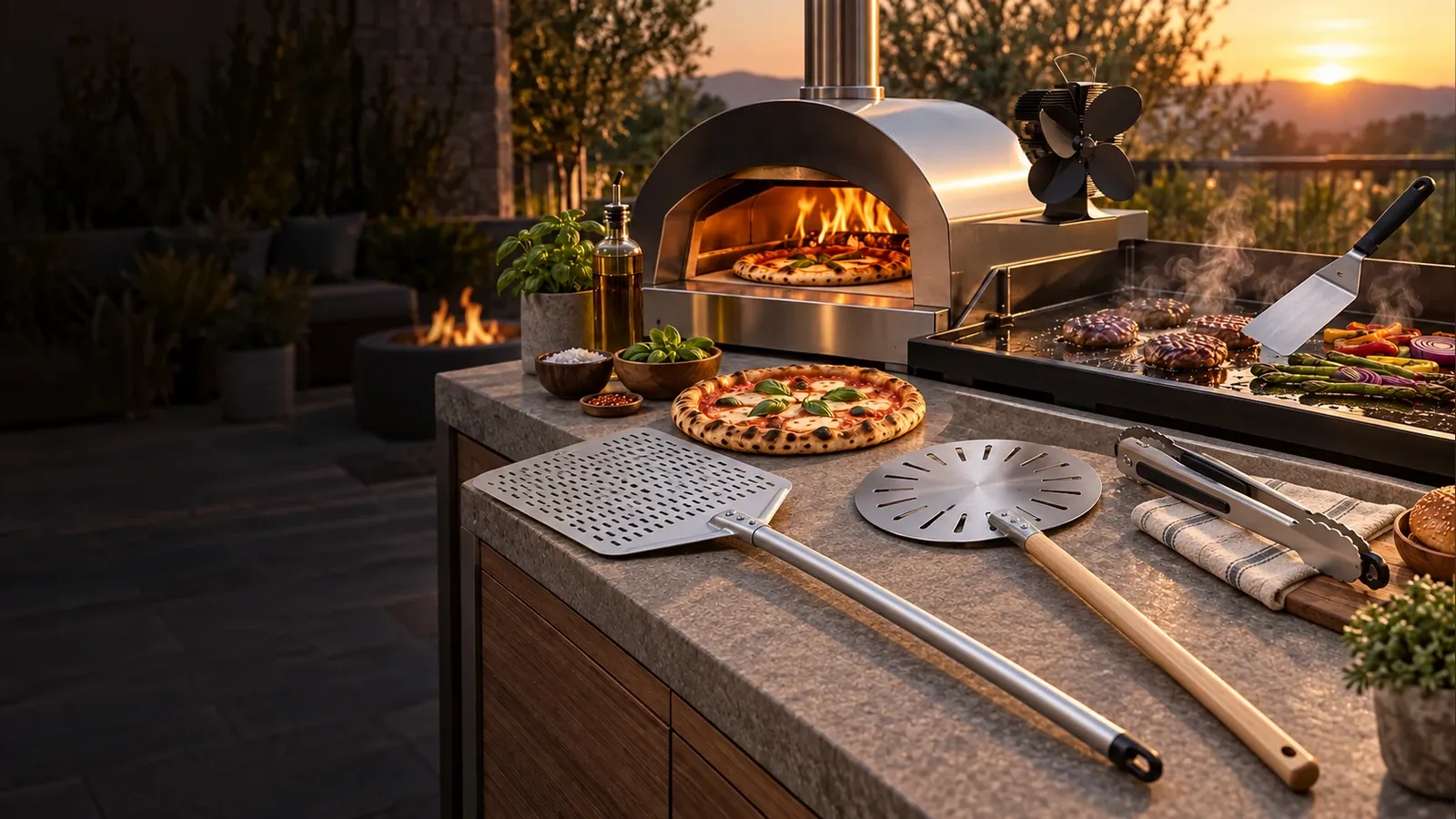 Outdoor pizza oven, griddle, realistic long-handle pizza peels, BBQ tools, and a heat-powered stove fan