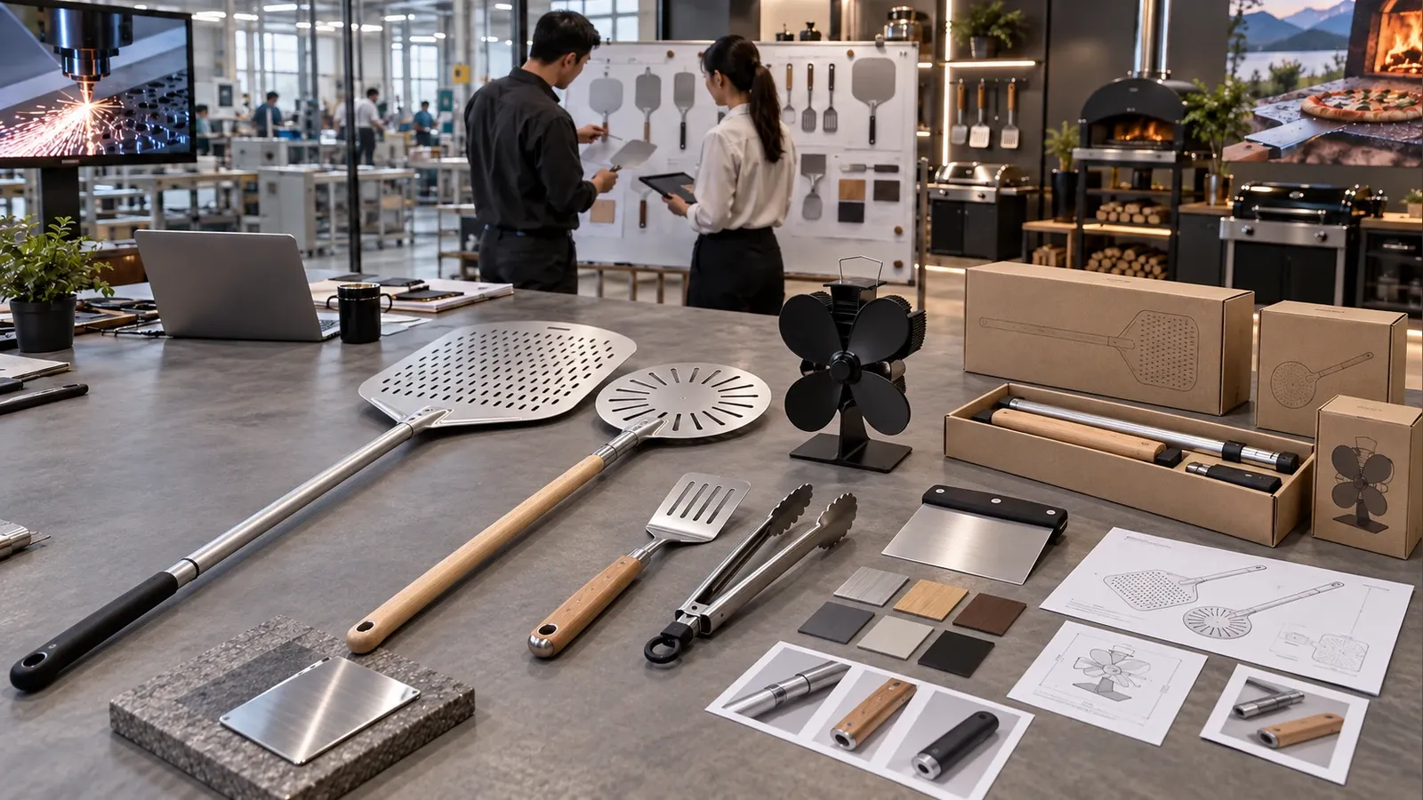 Accurate long-handle pizza and BBQ tools, stove fan, drawings, finishes, and packaging prototypes on an OEM development table