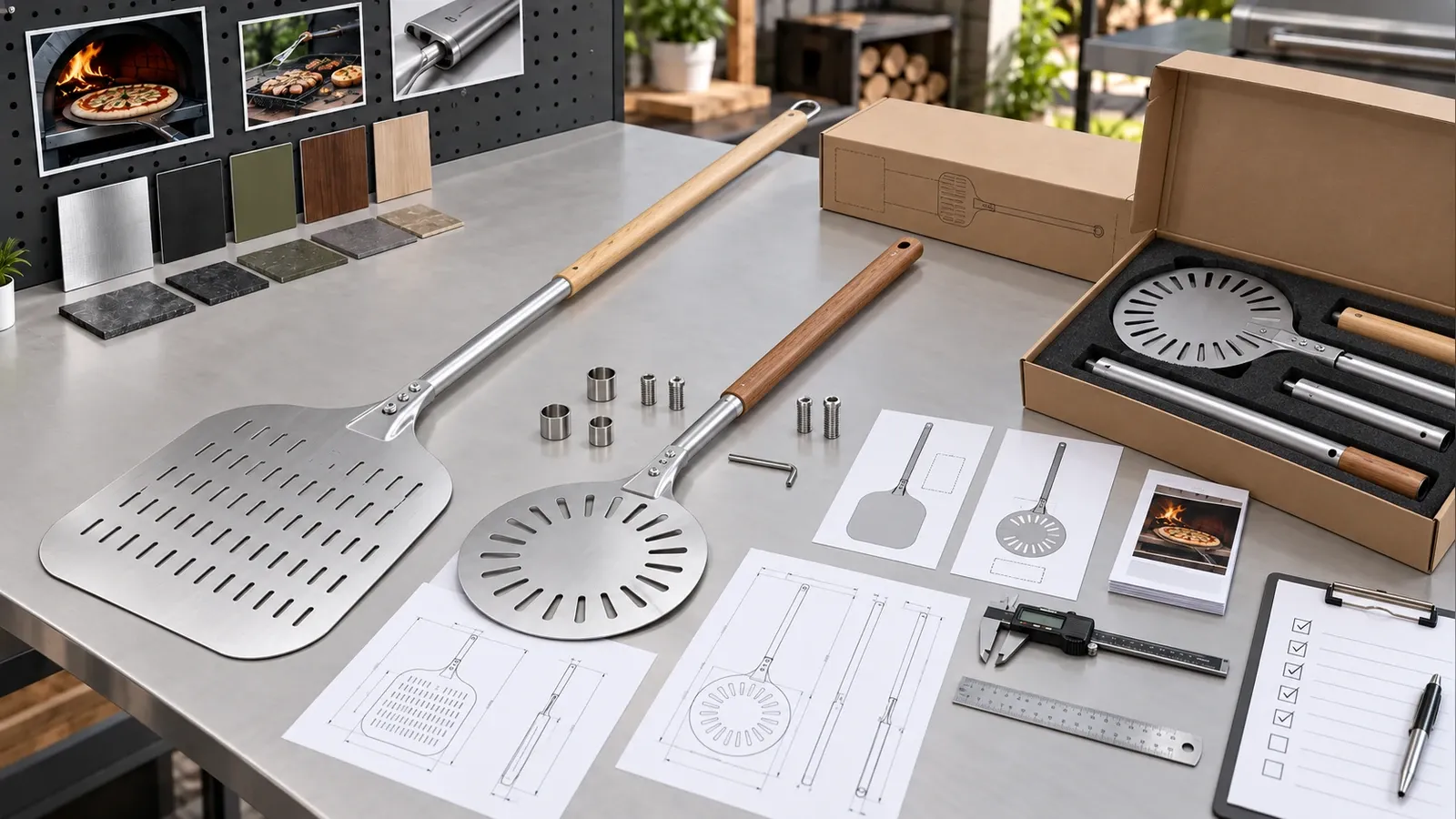 Approved long-handle pizza tools with detachable components, material swatches, drawings, packaging mockups, and checklist