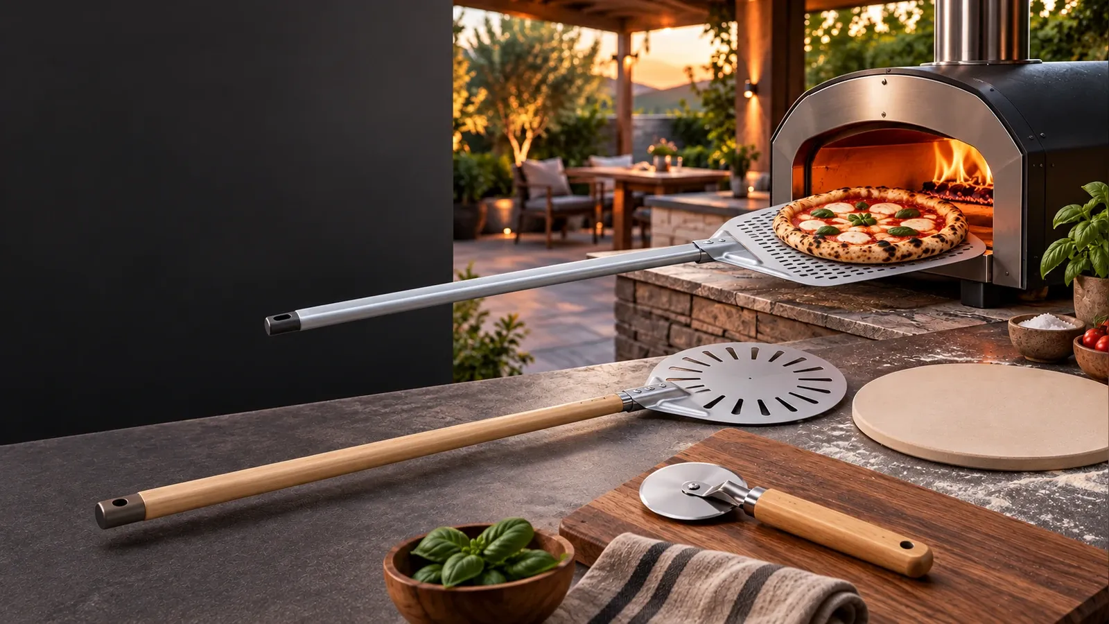 Outdoor pizza oven with a long aluminum-alloy-handle launching peel and a long wooden-handle turning peel