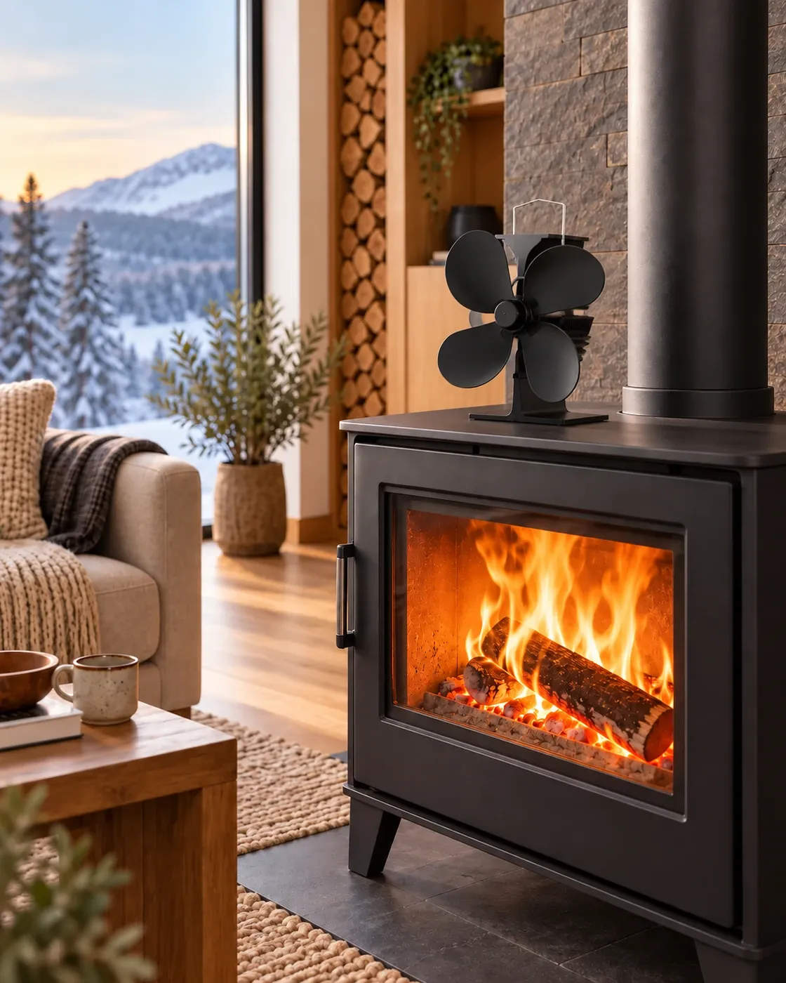 Four-blade heat-powered stove fan fully visible on a wood-burning stove