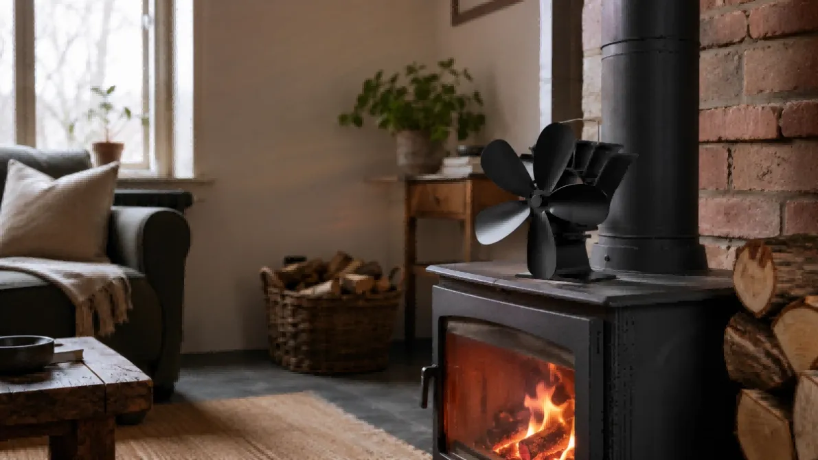 Heat powered stove fan circulating warm air from a wood-burning stove