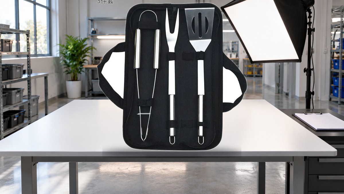BBQ tool set on a white inspection table in a bright quality-control workshop