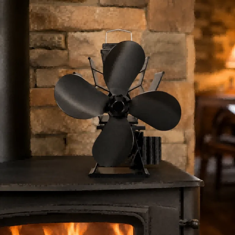 Heat powered stove fan placed near wood stove