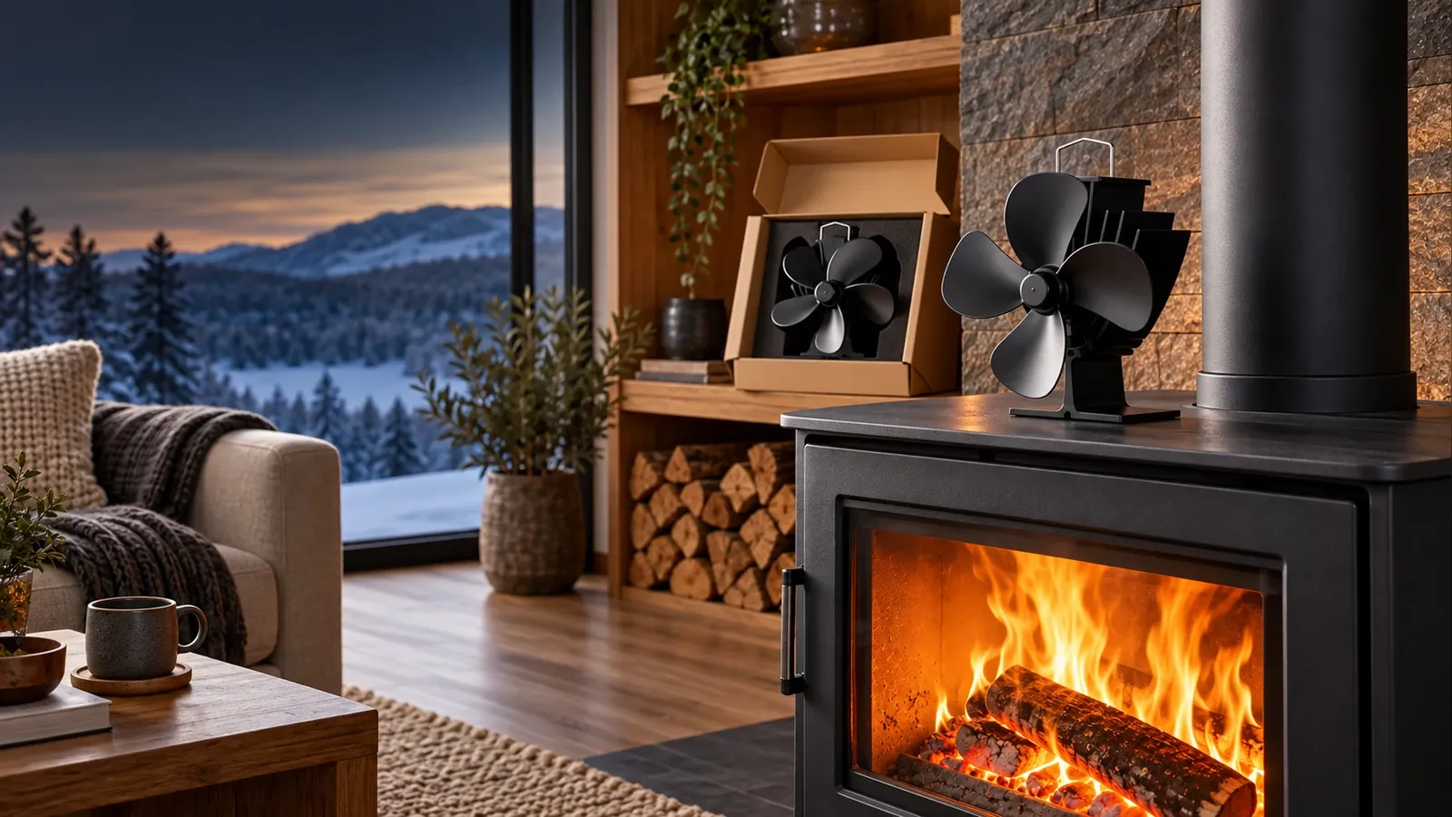 Accurate heat-powered stove fan on a wood-burning stove with a boxed compact model