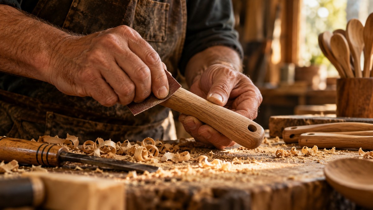 A craftsman sanding an oak wooden handle of a kitchen tool at a workbench with wood shavings