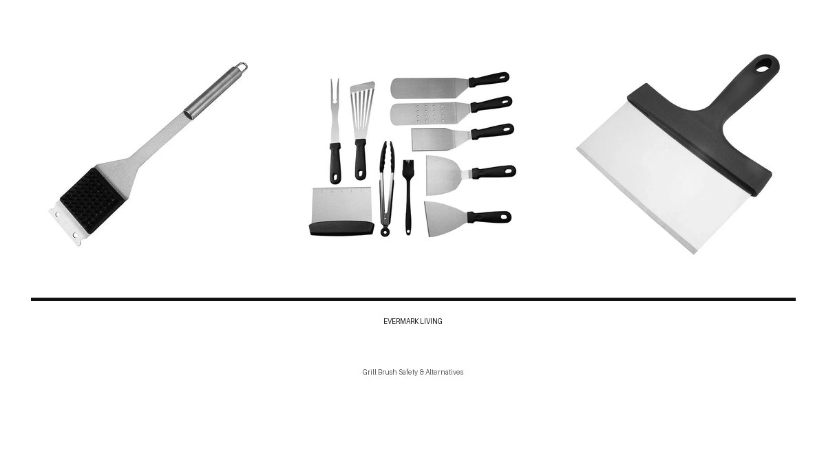 Grill brush with integrated scraper next to a silicone basting brush and griddle scraper