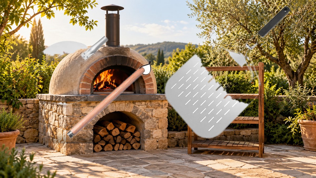 Turning peel and perforated pizza peel on a wooden rack beside an outdoor pizza oven