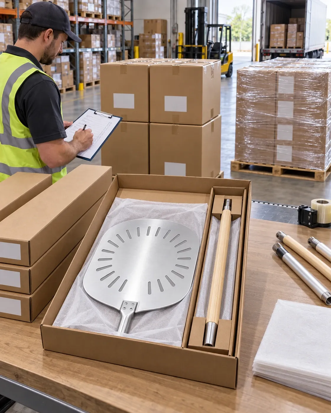 Detachable long-handle pizza peel protected in a fitted export pack with master cartons and pallet