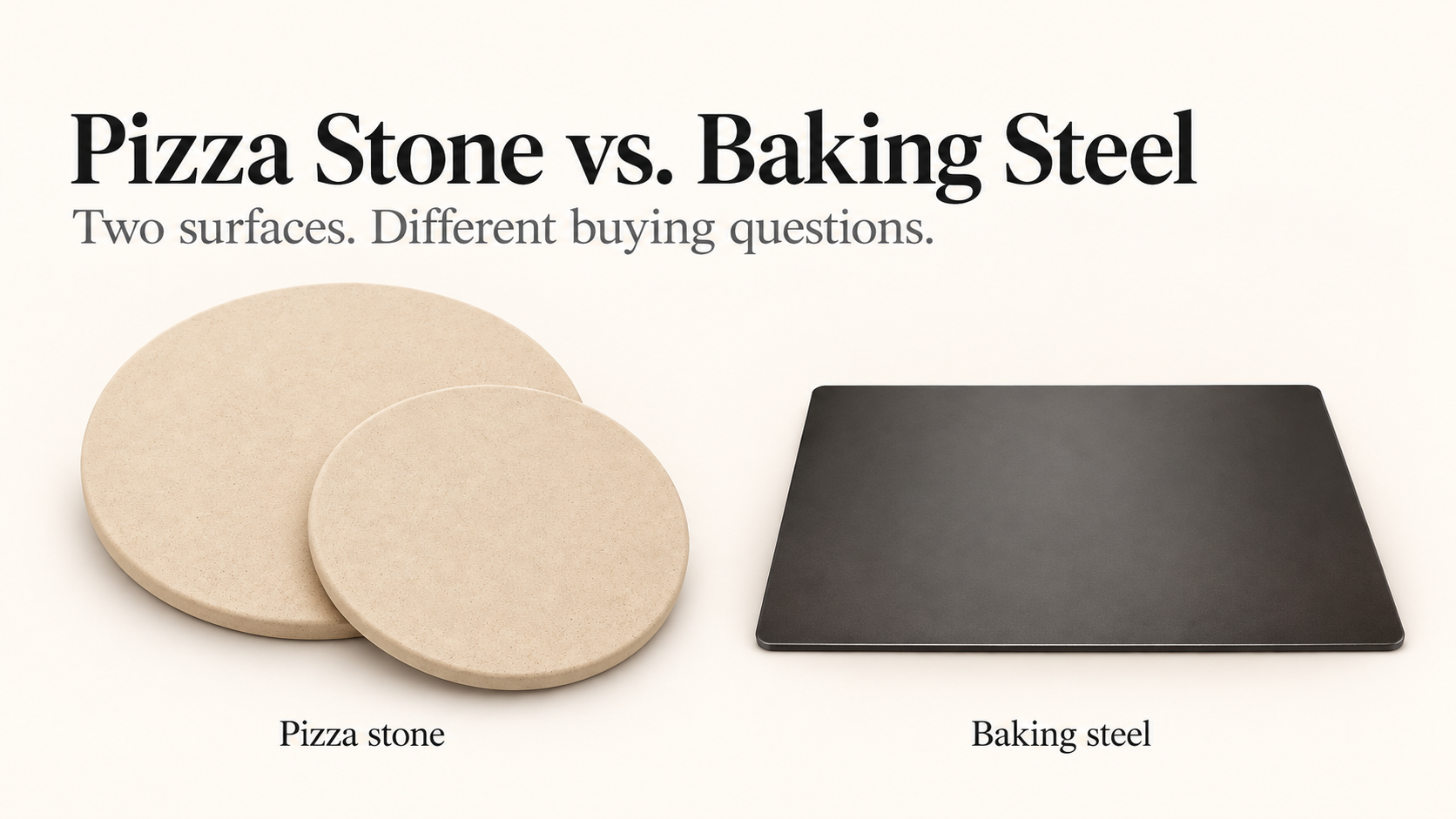 Round pizza stones and rectangular baking steel shown side by side.