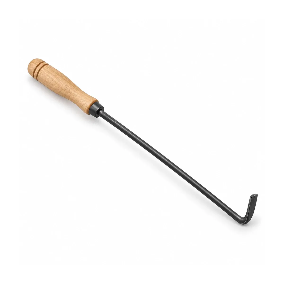 Pizza oven hook and rake tool with wooden handle