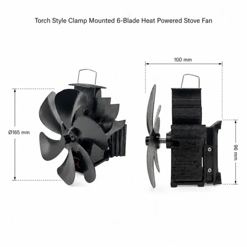 size of Clamp mounted stove fan for wood stove pipe