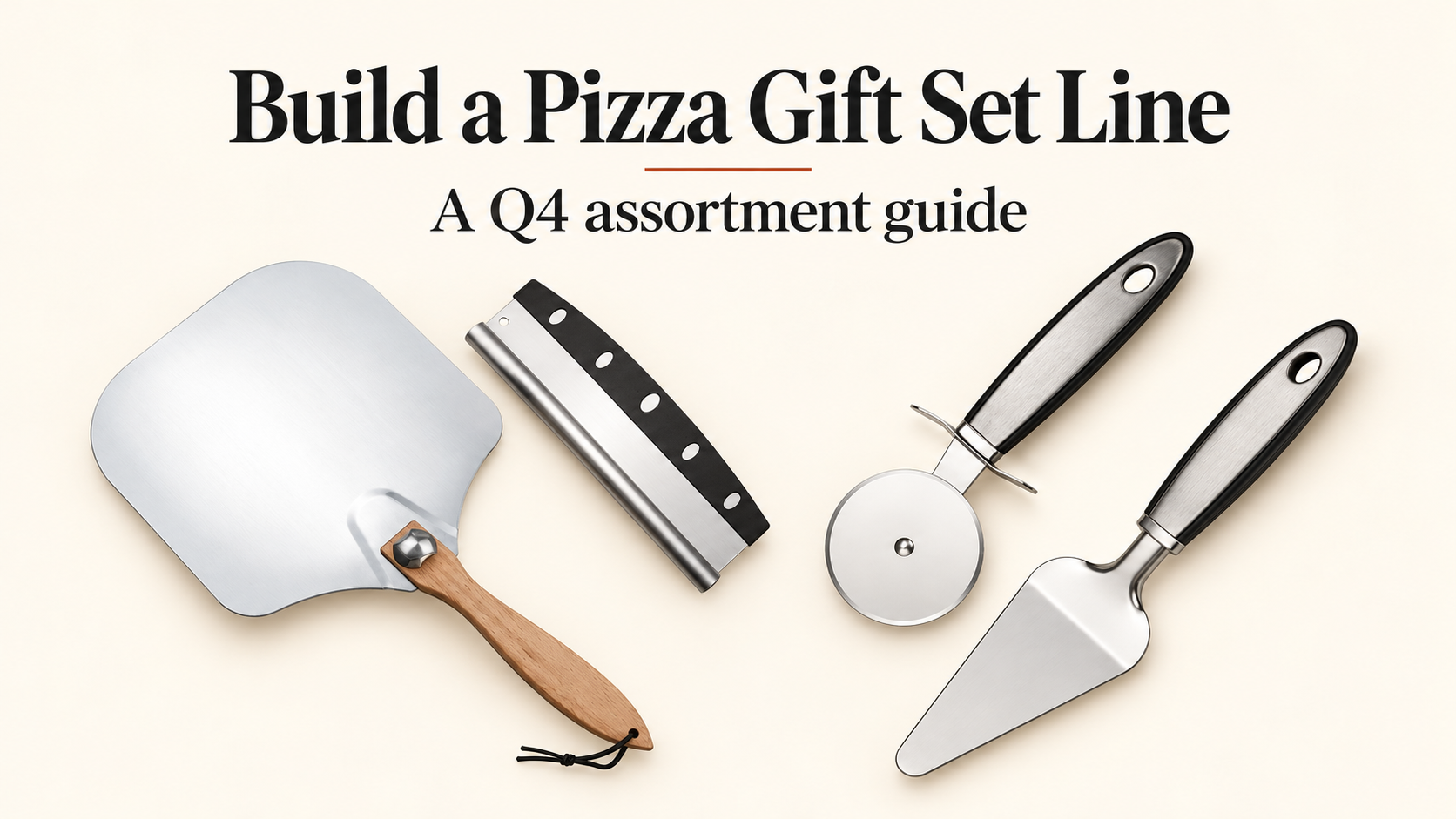 Referenced pizza tool sets presented for a Q4 retail gift assortment.