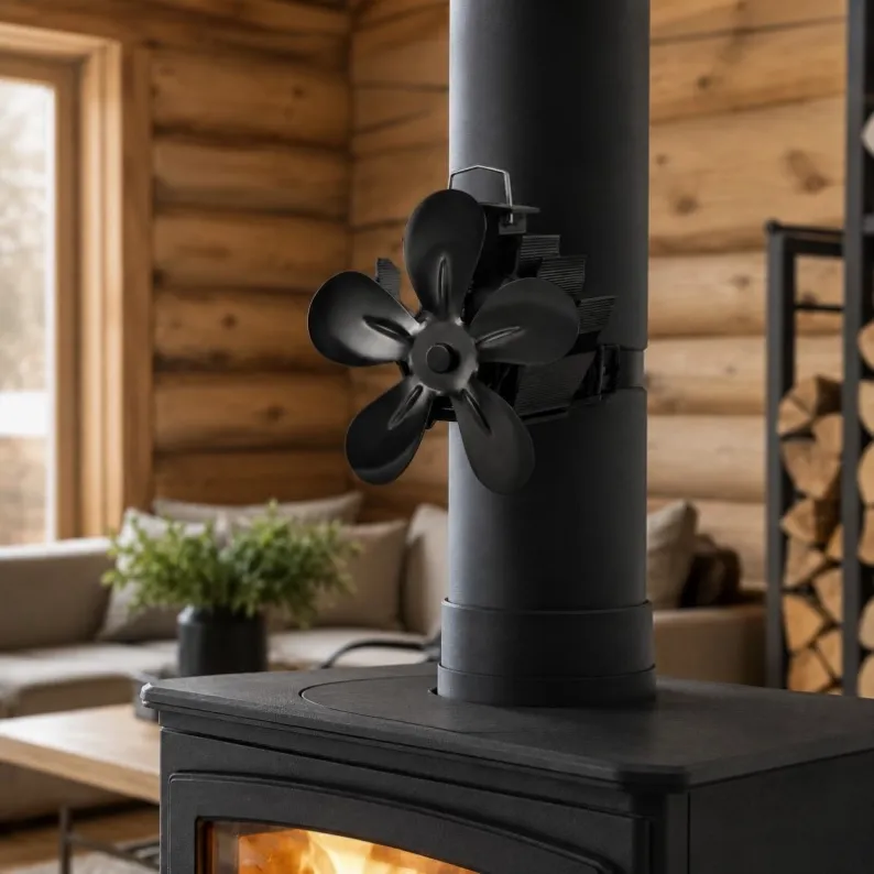 Heat powered stove fan mounted on stove pipe