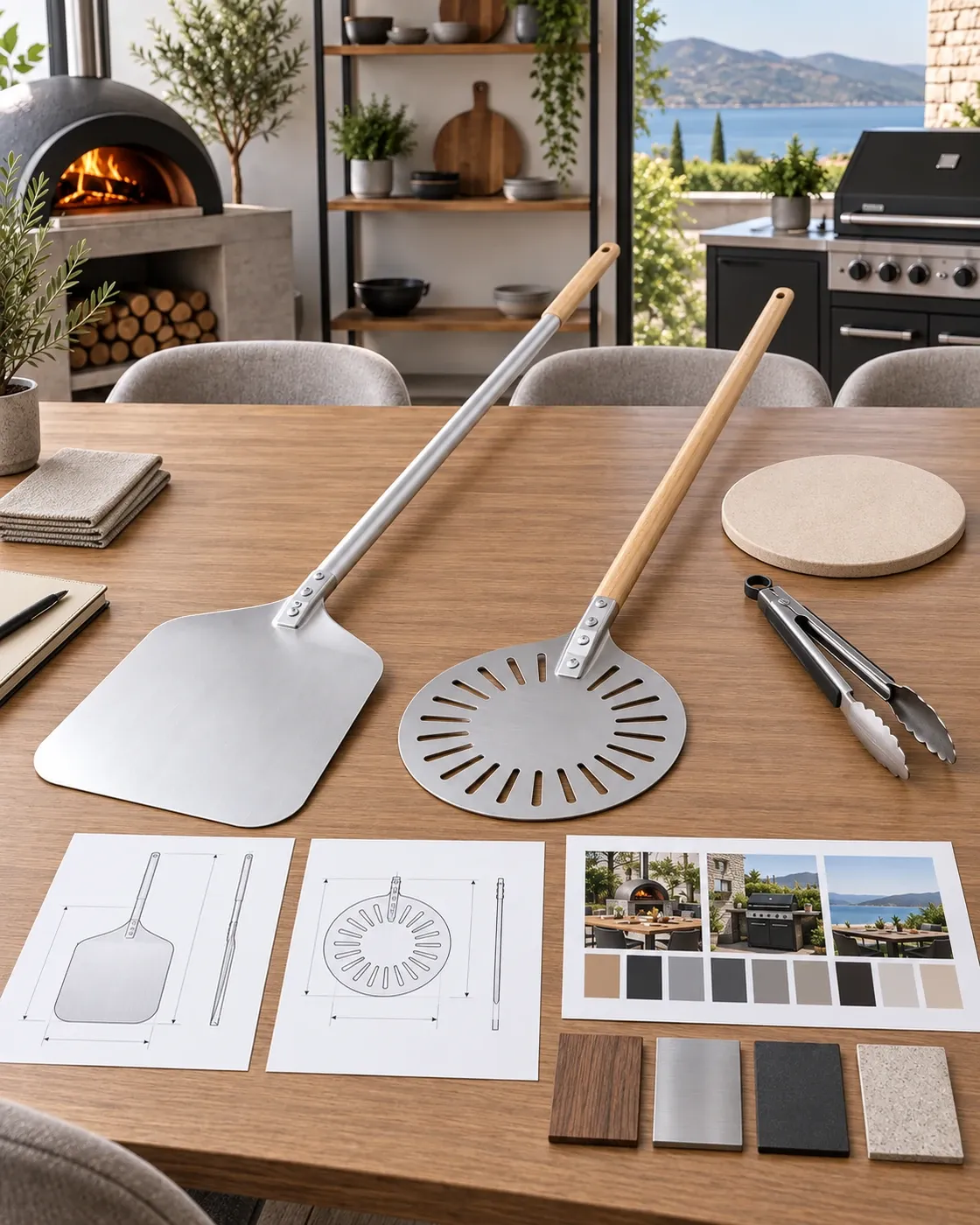 Full-length pizza peels, BBQ tools, drawings, and finish options arranged for B2B range planning