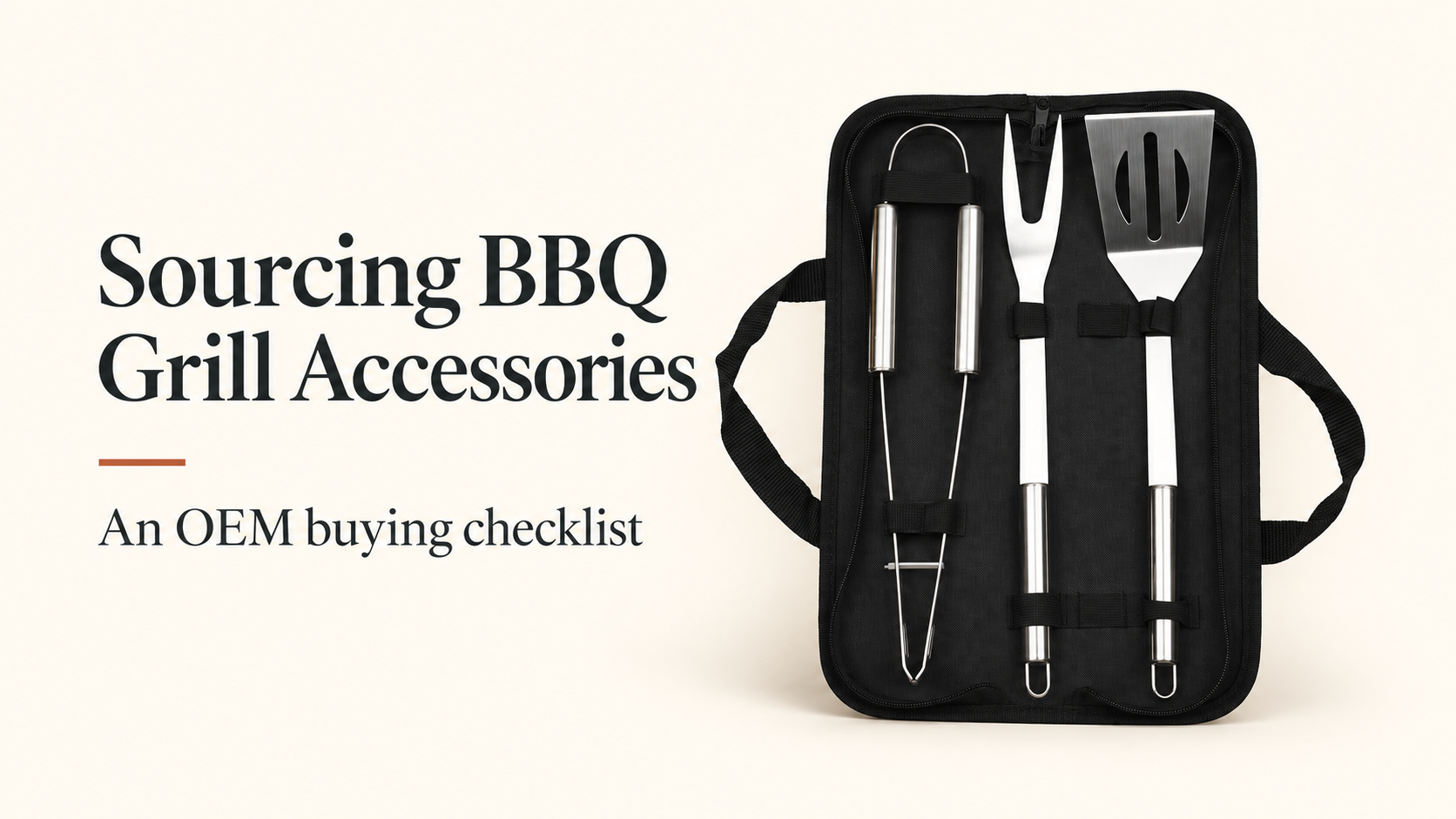 Three-piece stainless steel BBQ tool set in a black carry bag, with an OEM buying checklist title.
