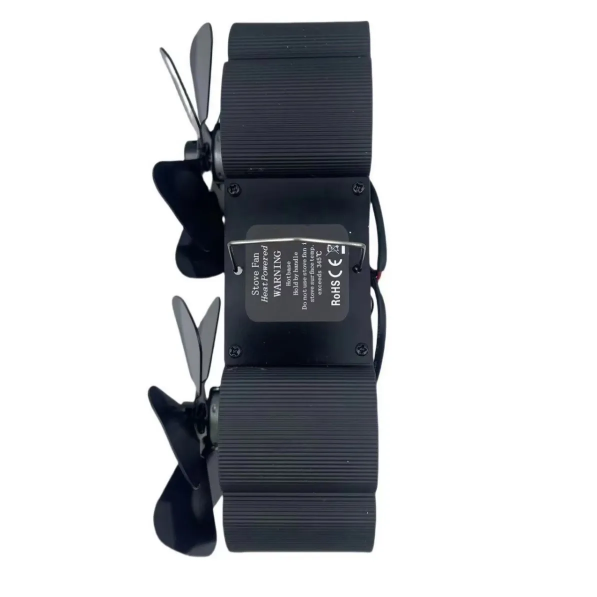 Side view of twin head heat powered stove fan (3)