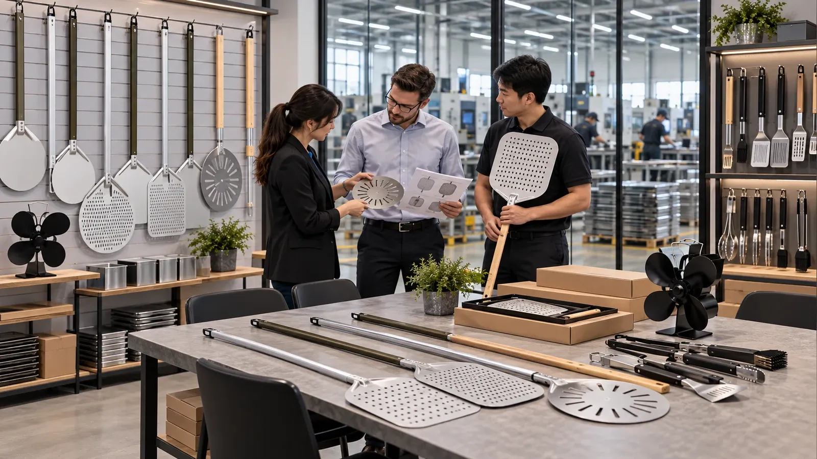 Outdoor cooking tool showroom with full-length pizza peels and accurate stove fans connected to a production floor