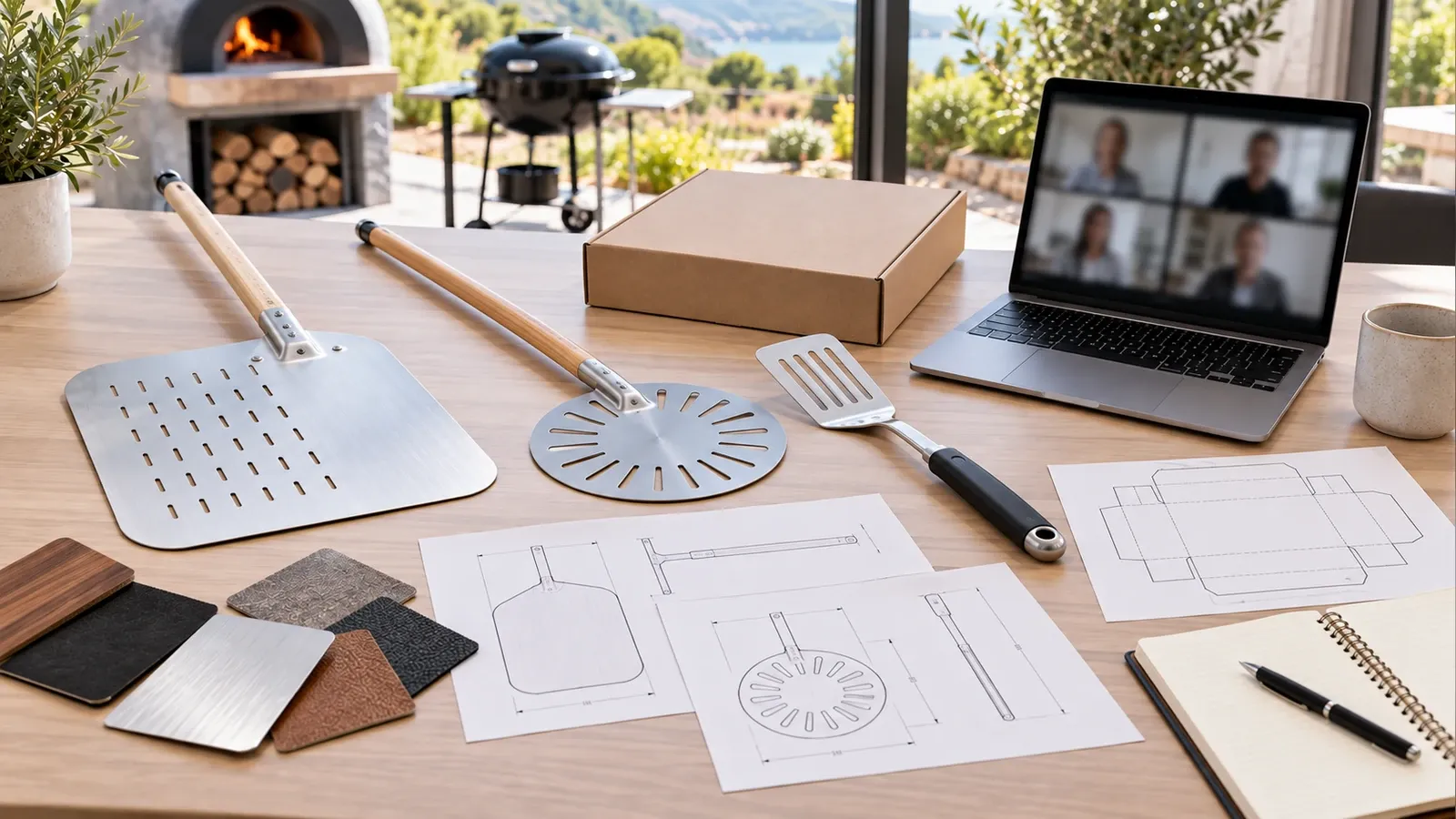 Full-length pizza peel samples, drawings, material swatches, packaging mockup, and laptop prepared for a B2B sourcing inquiry