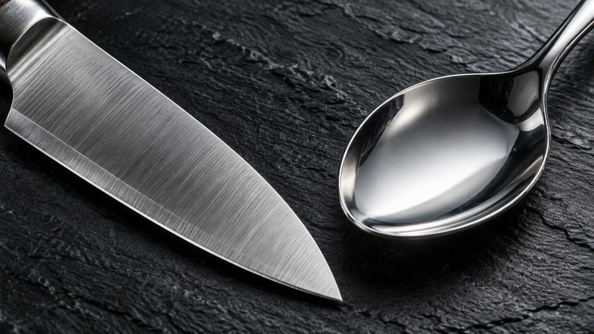 Side-by-side macro of a brushed steel knife blade and a polished steel spoon bowl on dark slate