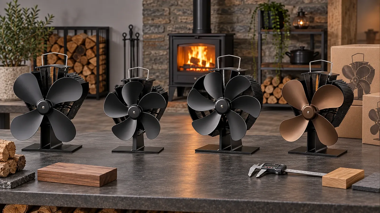Accurate four-, five-, and six-blade heat-powered stove fan models displayed in a product review setting