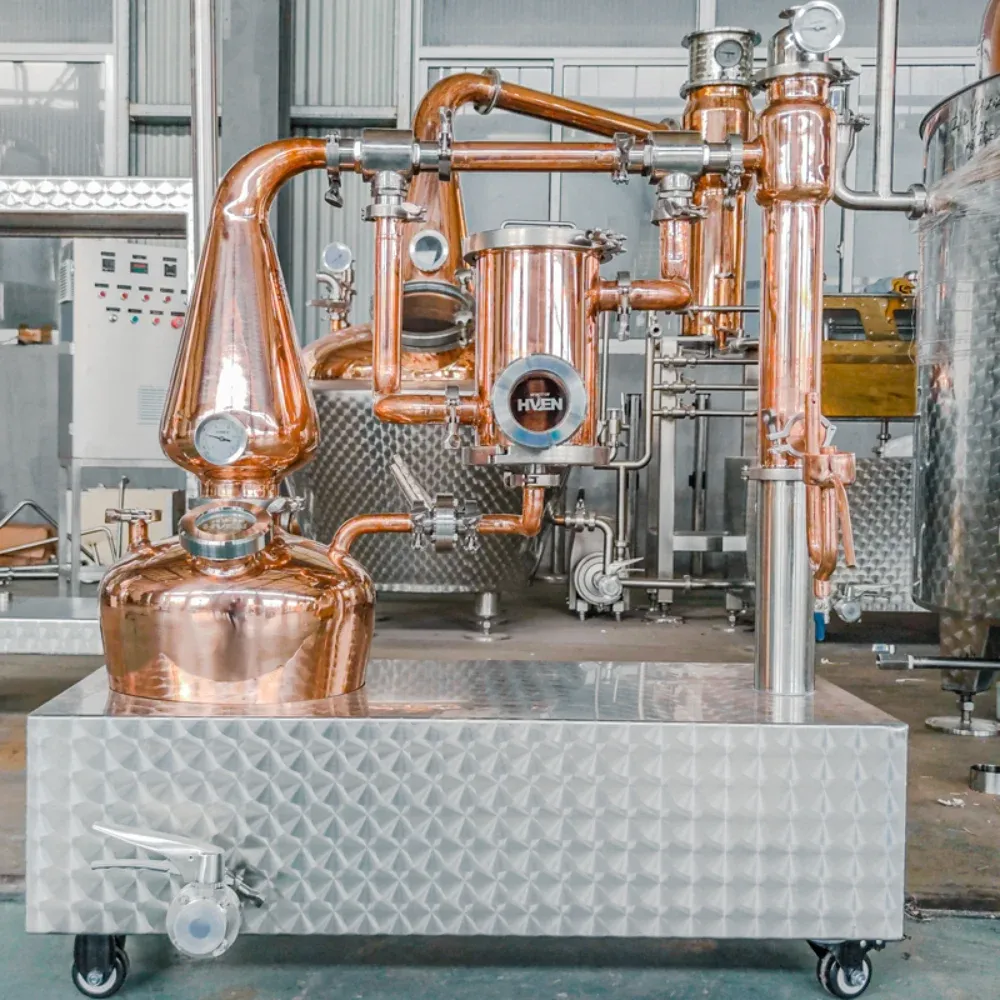 20L copper pot still system with stainless steel base, side angle