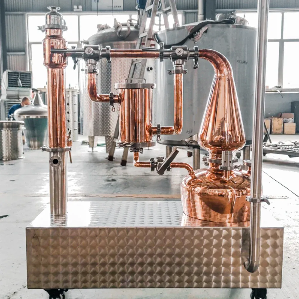 Rear view of 20L copper whiskey still showing condenser connection