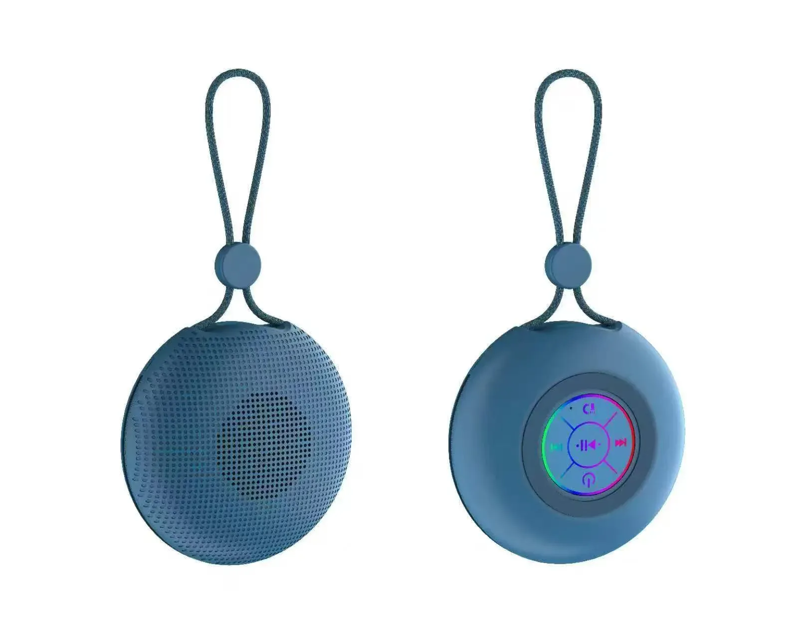 Blue portable Bluetooth speaker with loop strap shown from front and back