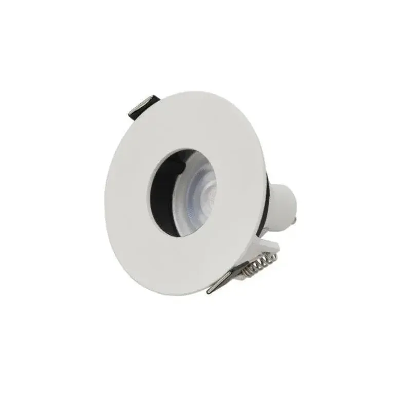 White round GU10 MR16 ceiling recessed downlight housing with lens, angle view