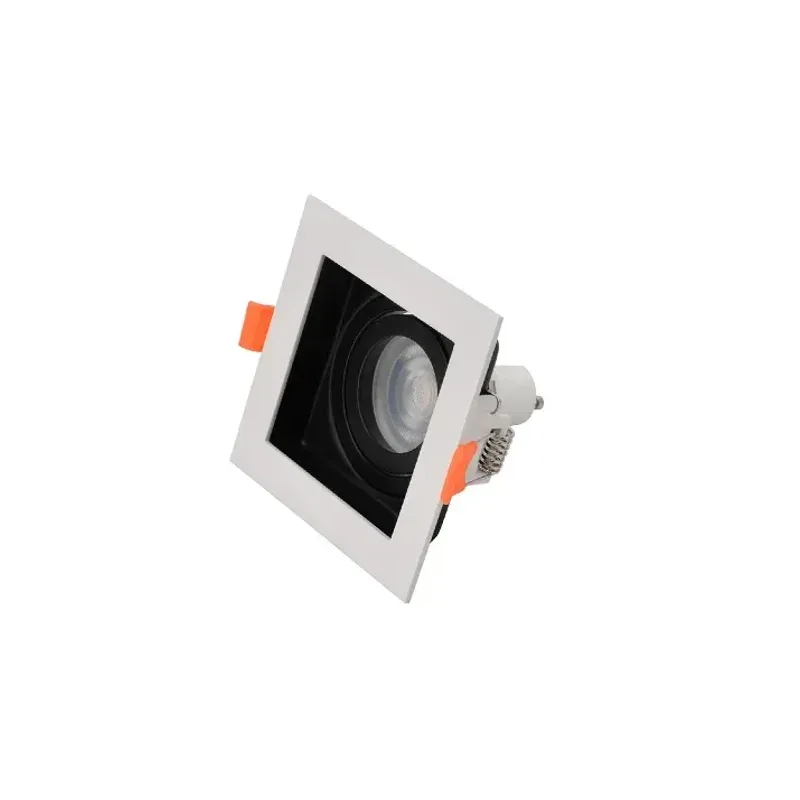 White square GU10 MR16 recessed spotlight frame with lens, angle view
