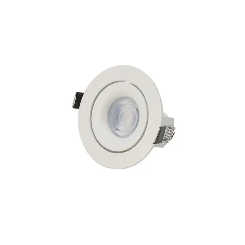 White adjustable GU10 downlight frame with lens, angle view