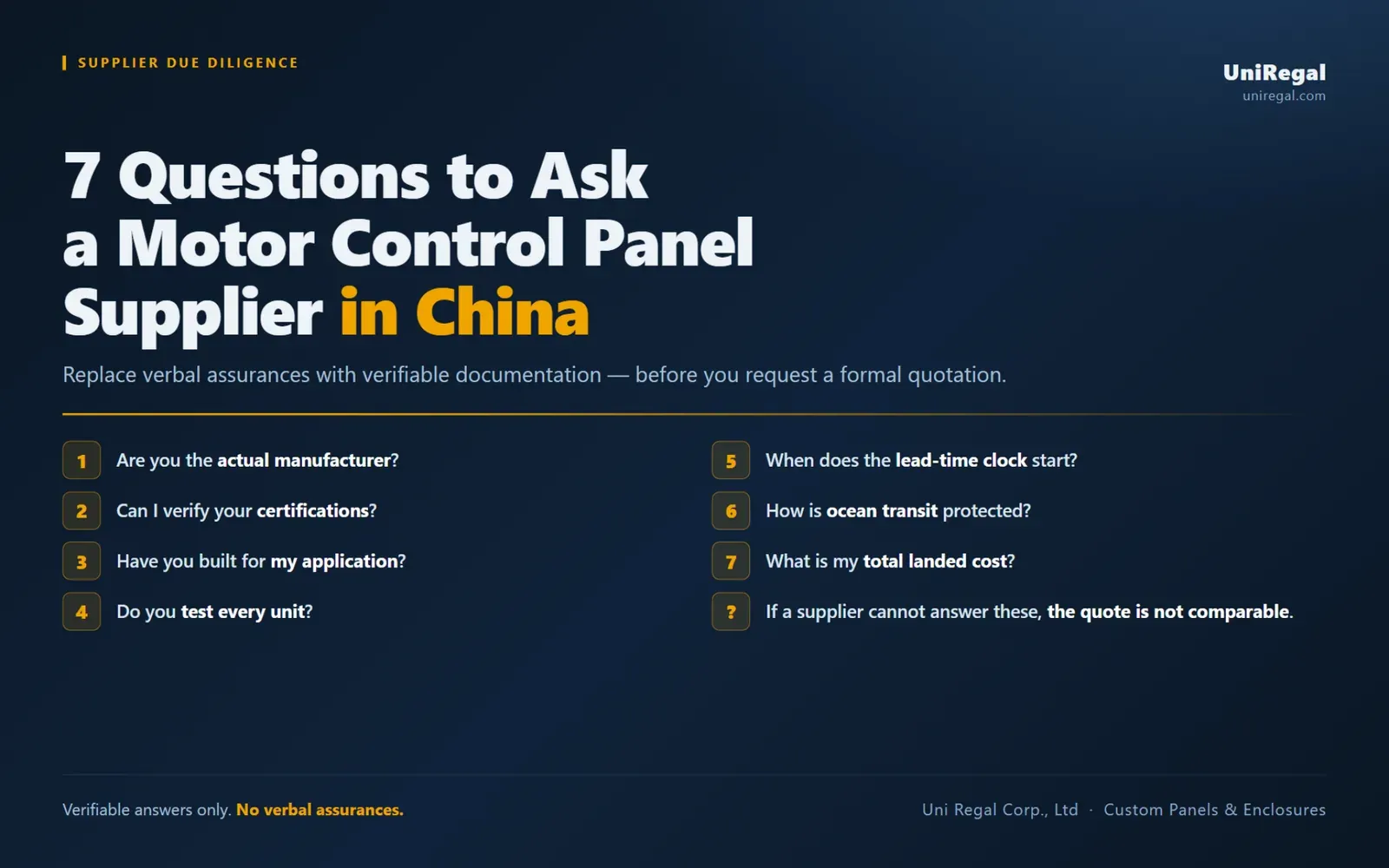 Cover graphic listing seven due-diligence questions buyers should ask a motor control panel supplier in China before requesting a quotation.