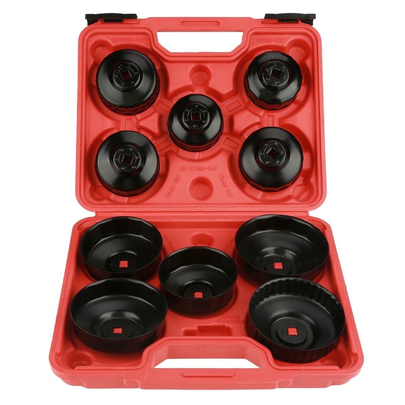 11pcs oil filter socket set in a red case with cup-type sockets from 65/67 mm to 100 mm