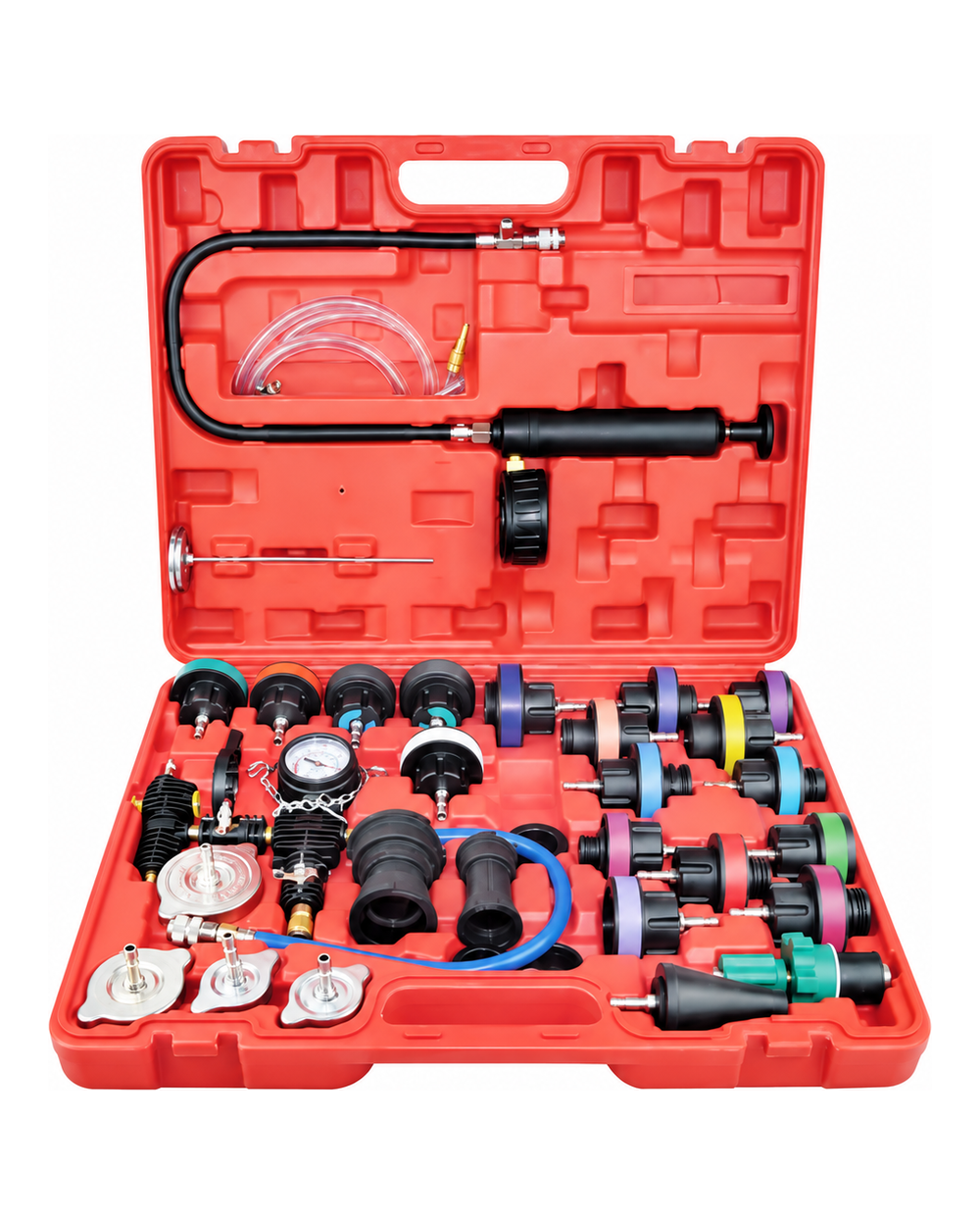 Radiator pressure tester and cooling system vacuum kit in red case