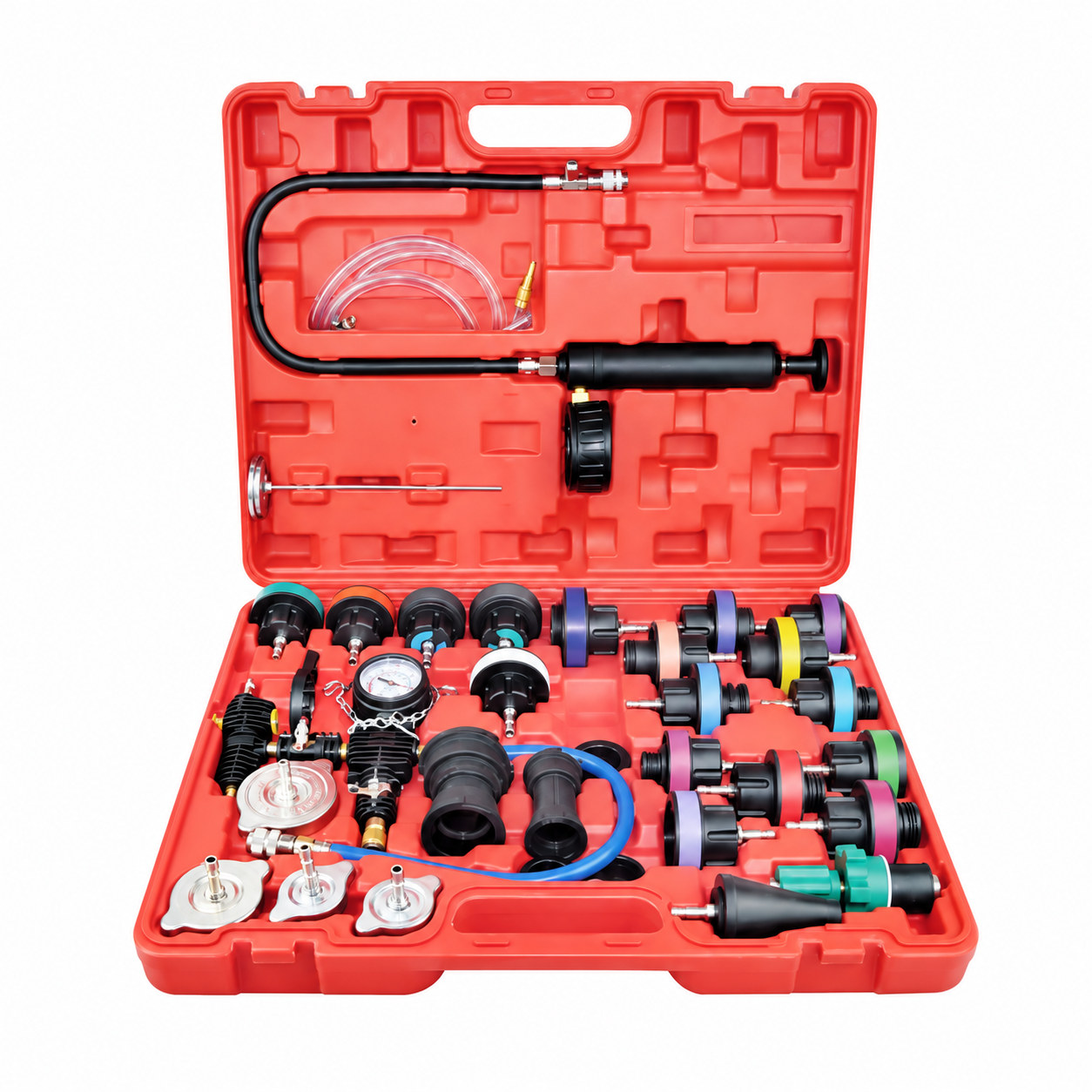 28-piece universal radiator pressure tester kit, red storage case