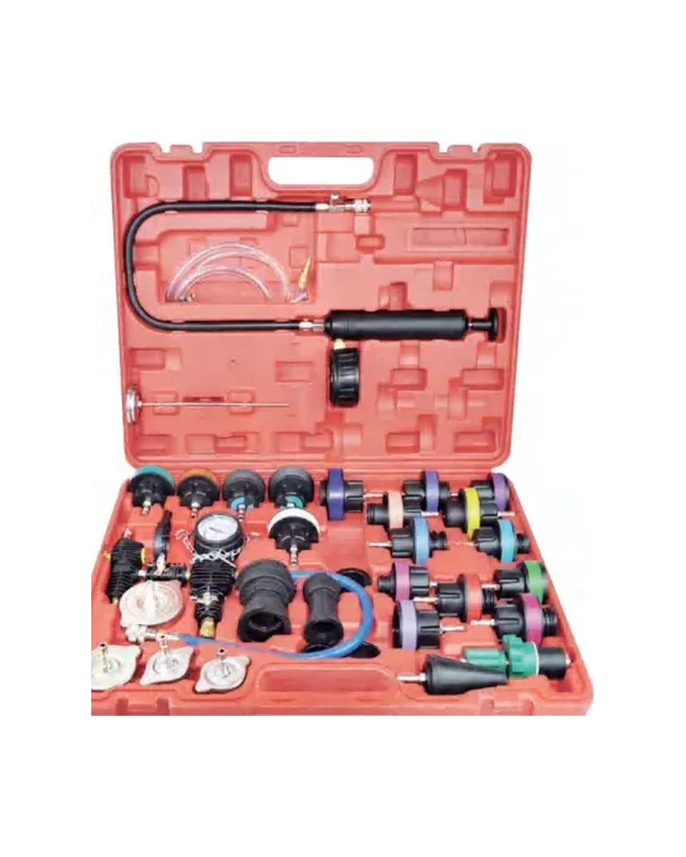 Radiator pressure tester and cooling system vacuum kit in red case