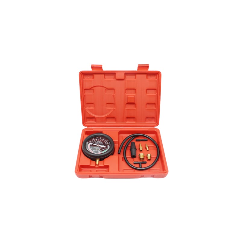TU-1 vacuum and fuel pump pressure test gauge set with color-coded gauge and adapters in red case