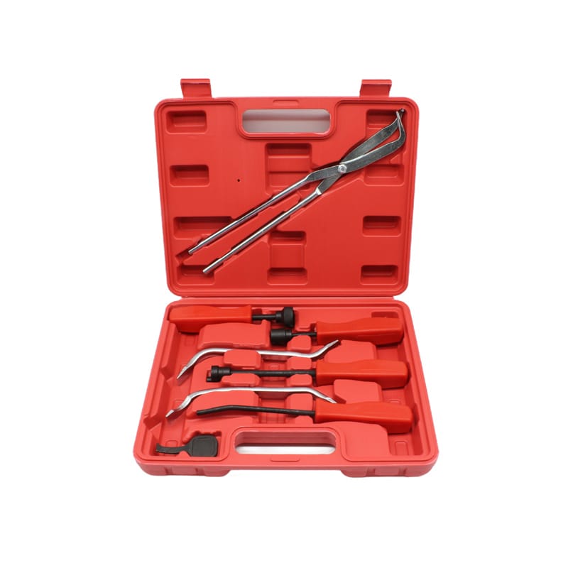 Drum brake tool set with brake spring compressor, installer, pliers and spoons in blow molded case