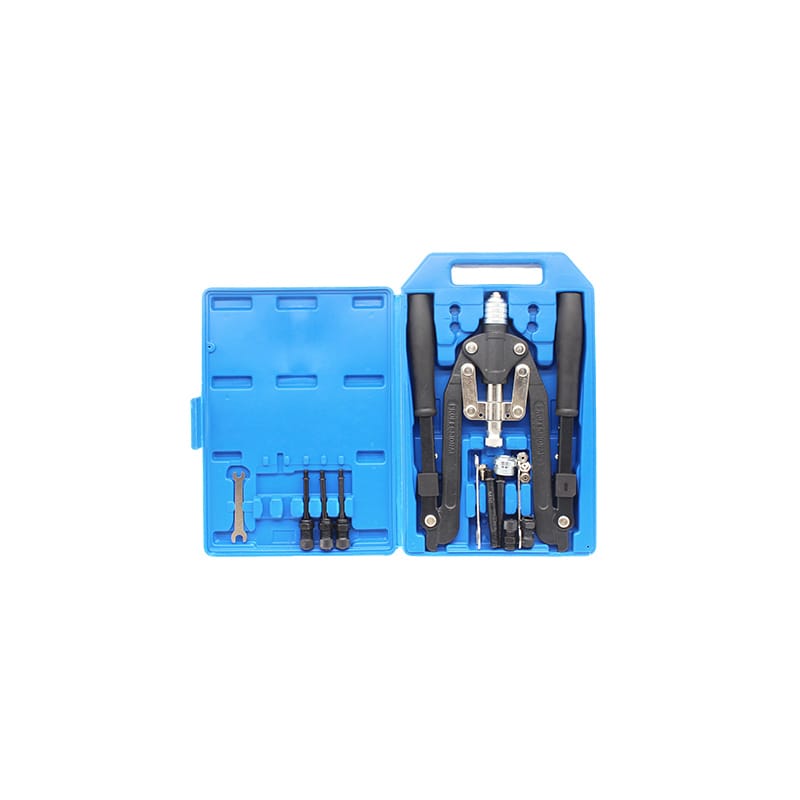 Two-purpose folding rivet nut tool with nutsert mandrels and rivet adapters in blue case