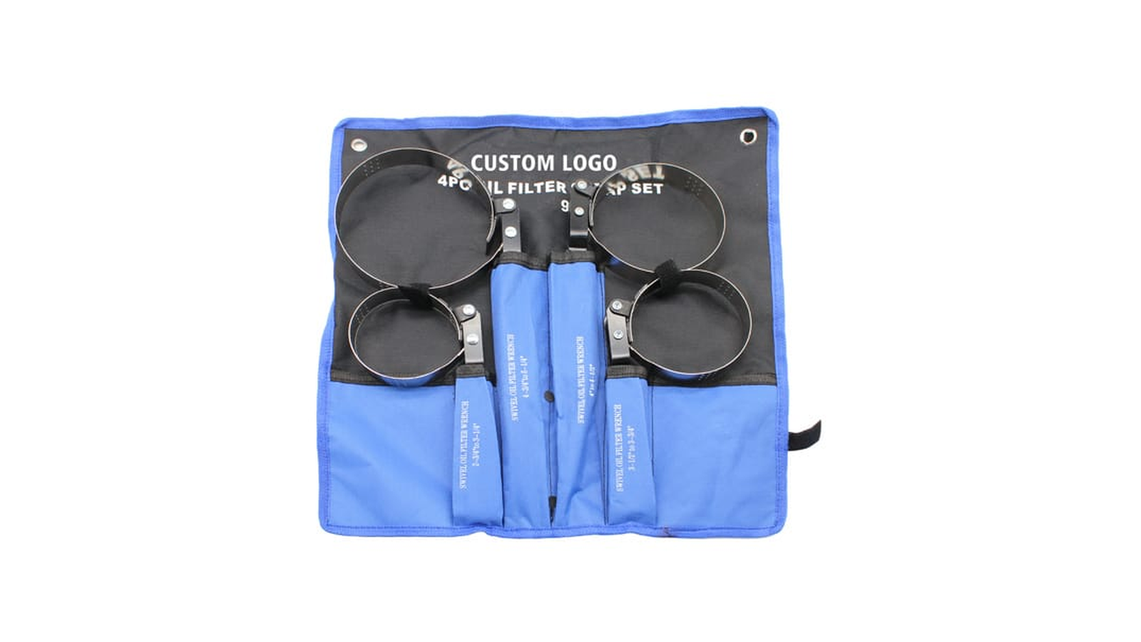 4-piece stainless steel oil filter wrench set, canvas roll bag with four wrenches, full set view