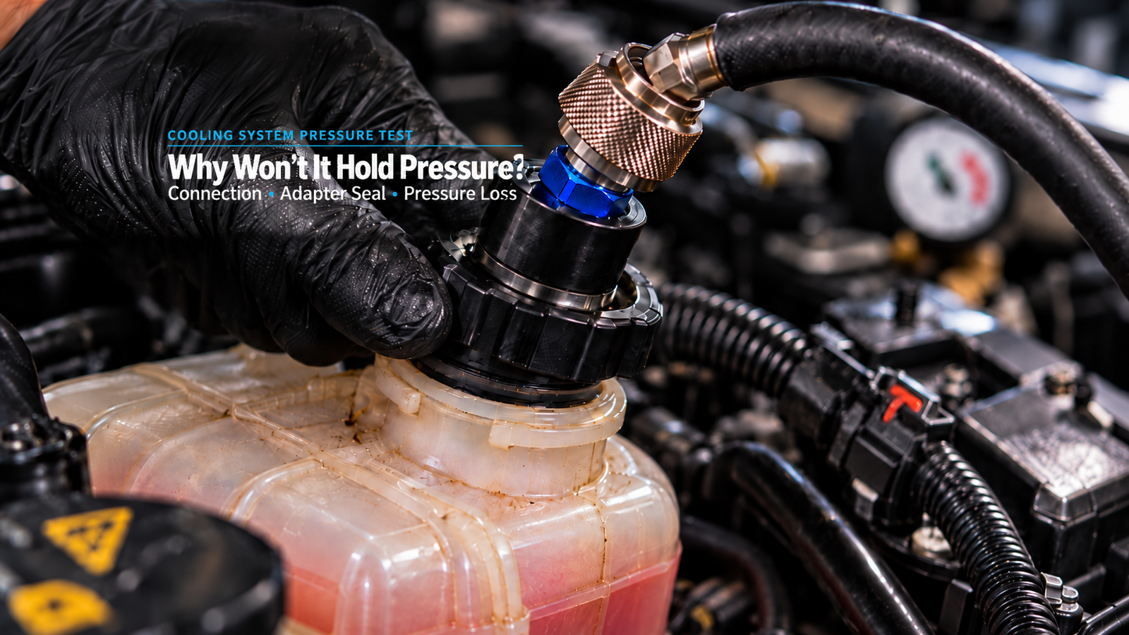 Gloved hand connecting a cooling system pressure tester adapter to a coolant reservoir in an engine bay
