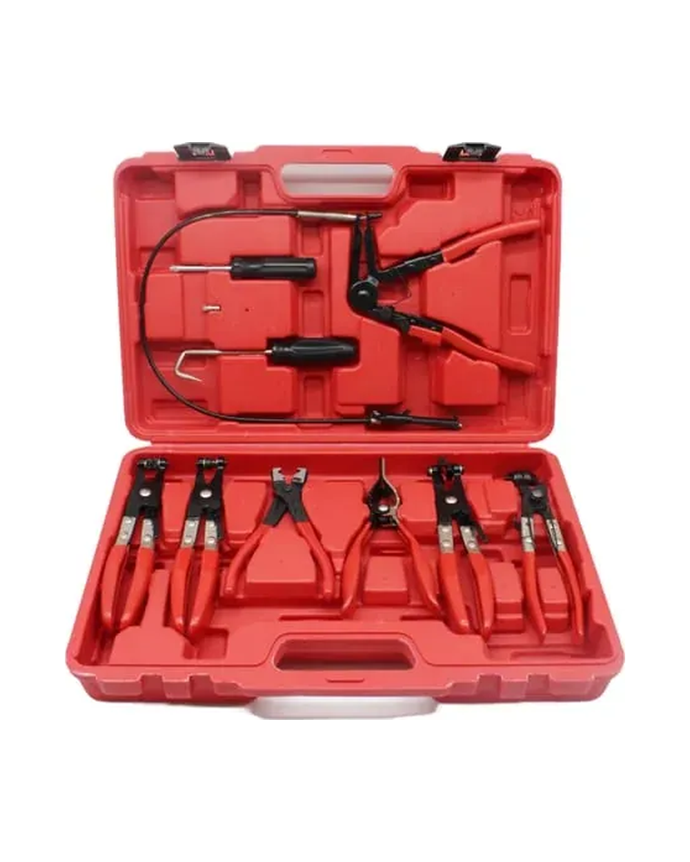 Nine-piece hose clamp pliers set in red case