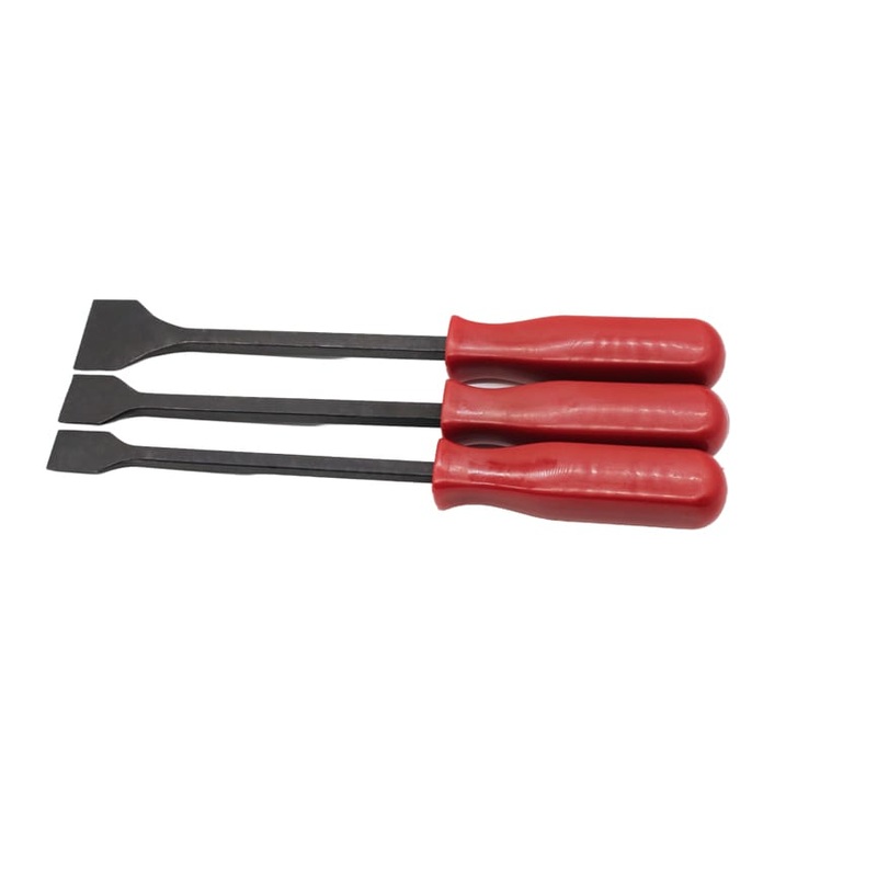 Three-piece gasket scraper set with red handles for removing gaskets and sealant