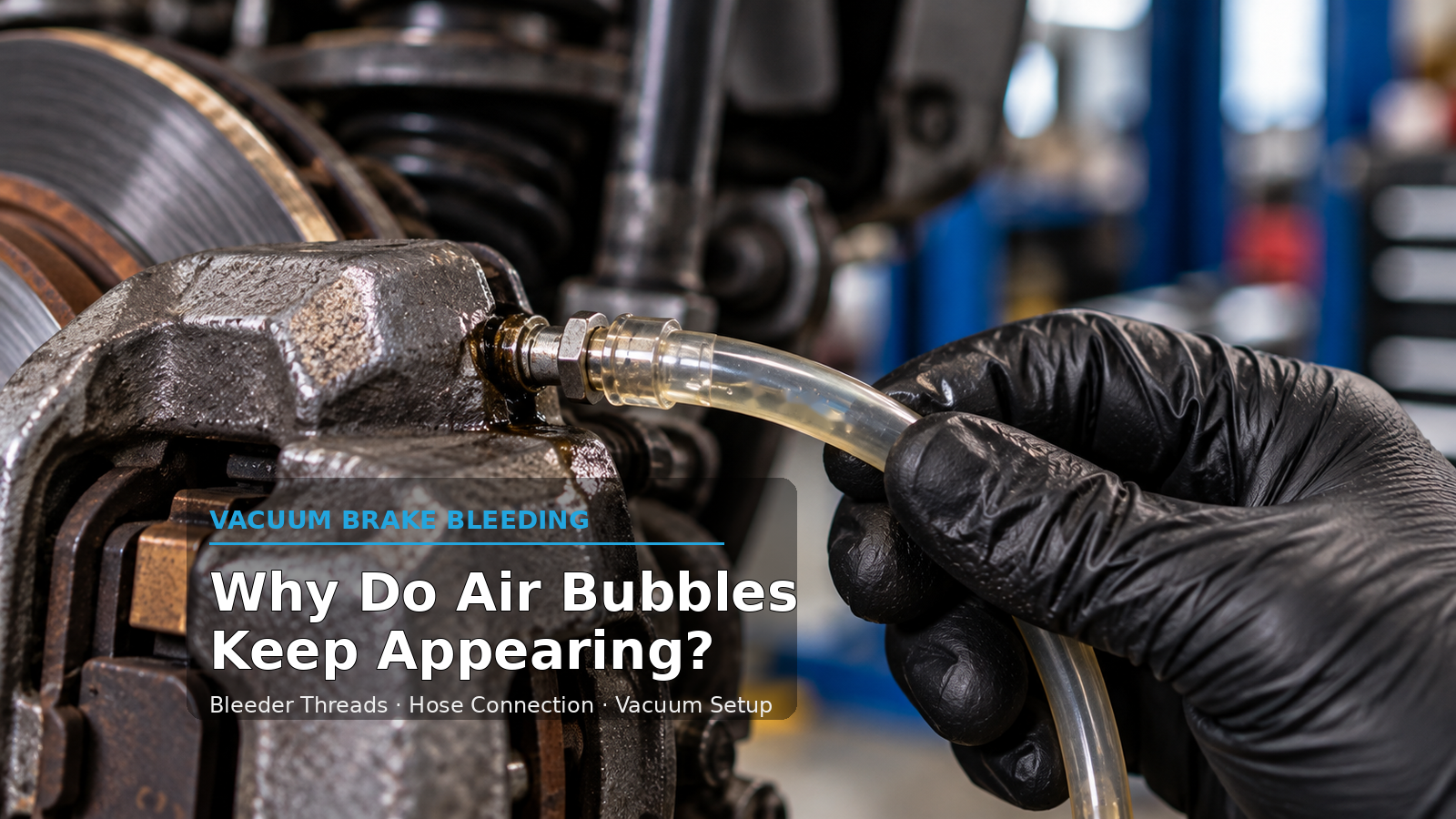 Gloved hand checking a clear bleed hose on a brake caliper bleeder screw, small bubbles at the fitting