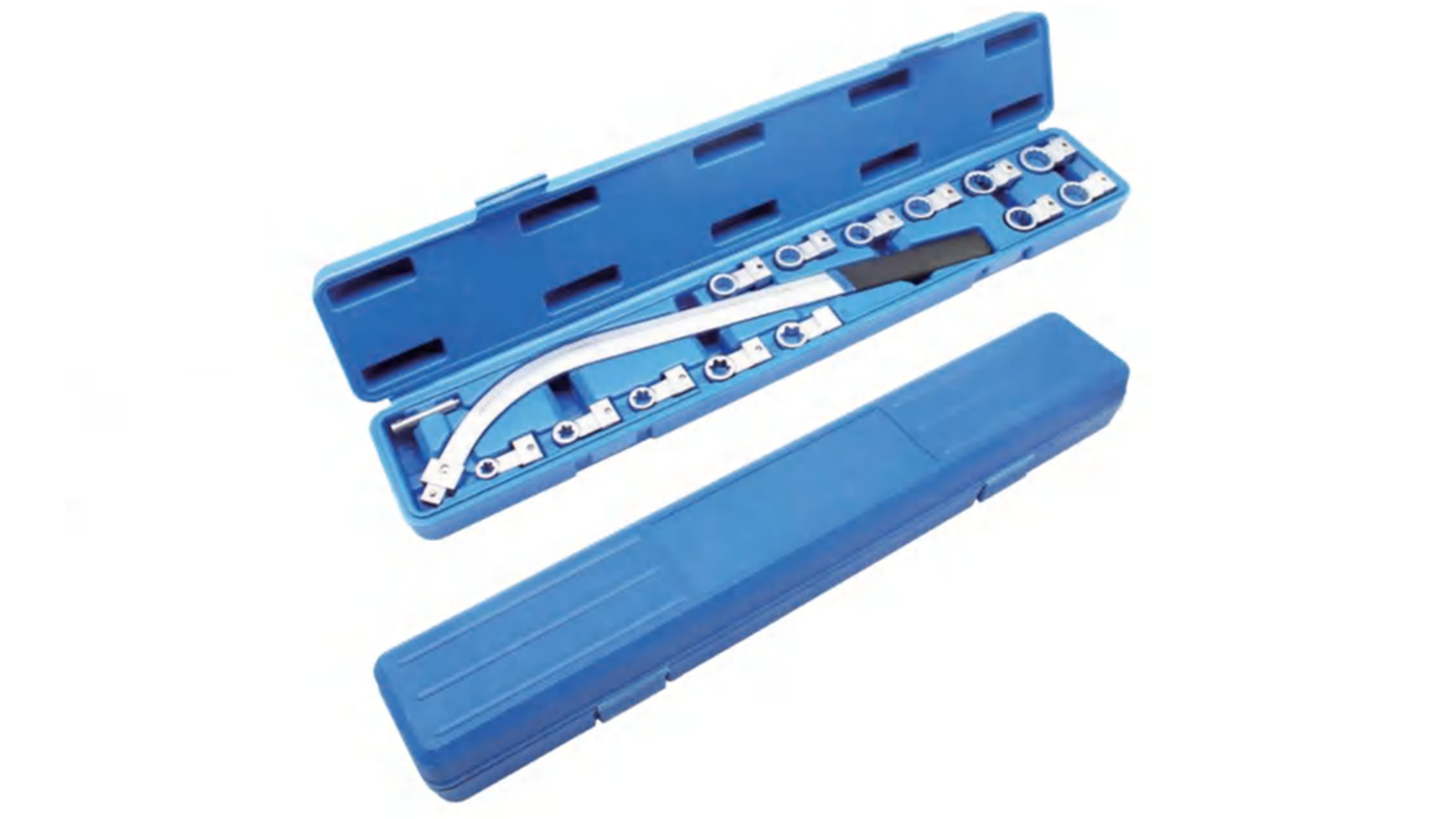 Belt tensioner wrench set: the 15-piece kit in its open blue case with the long curved wrench and the E-profile and twelve-point pieces, on a bright white background