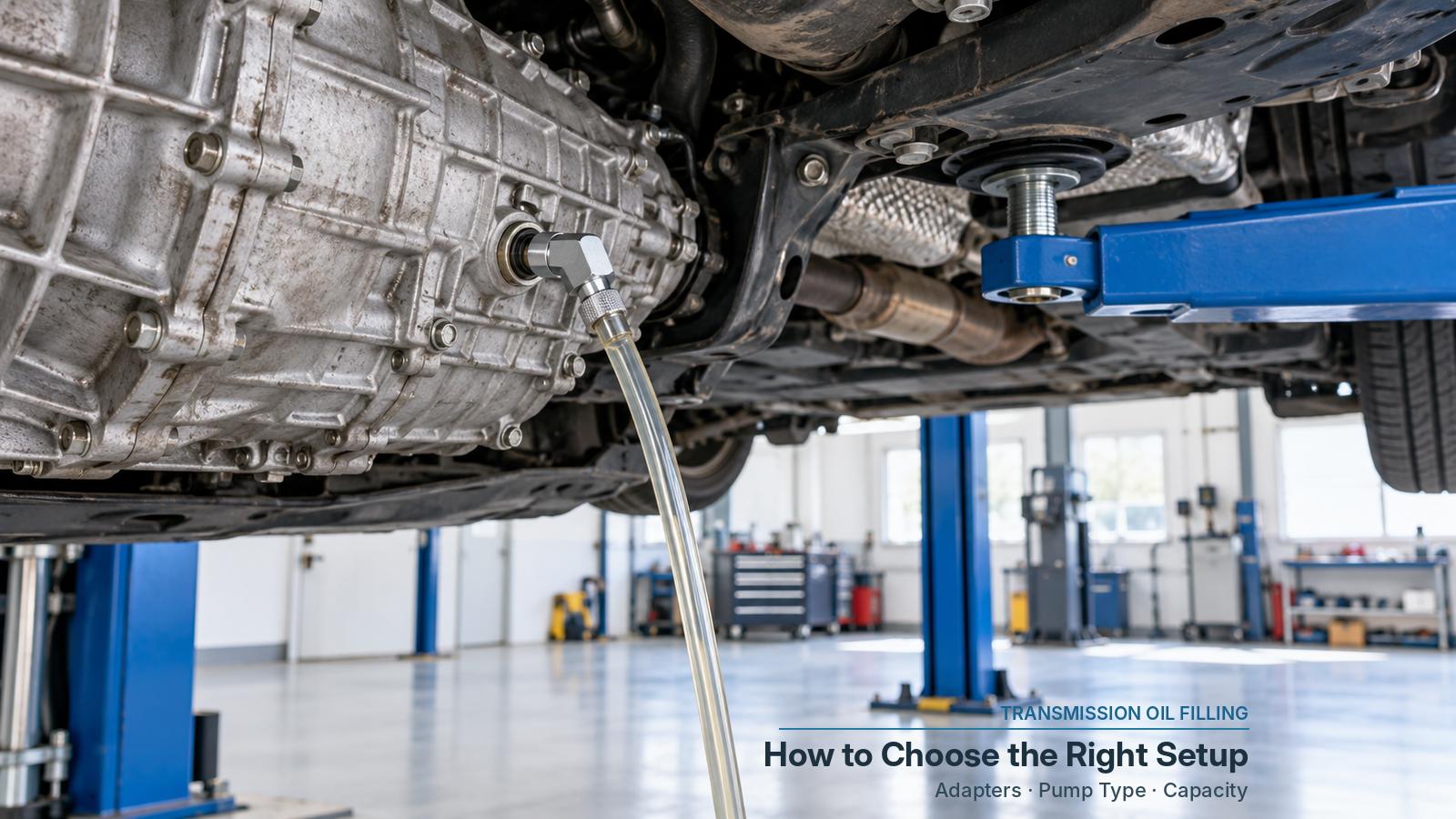 A transmission filling adapter threaded into a gearbox fill port with a translucent hose on a bright lift-bay floor during transmission oil service