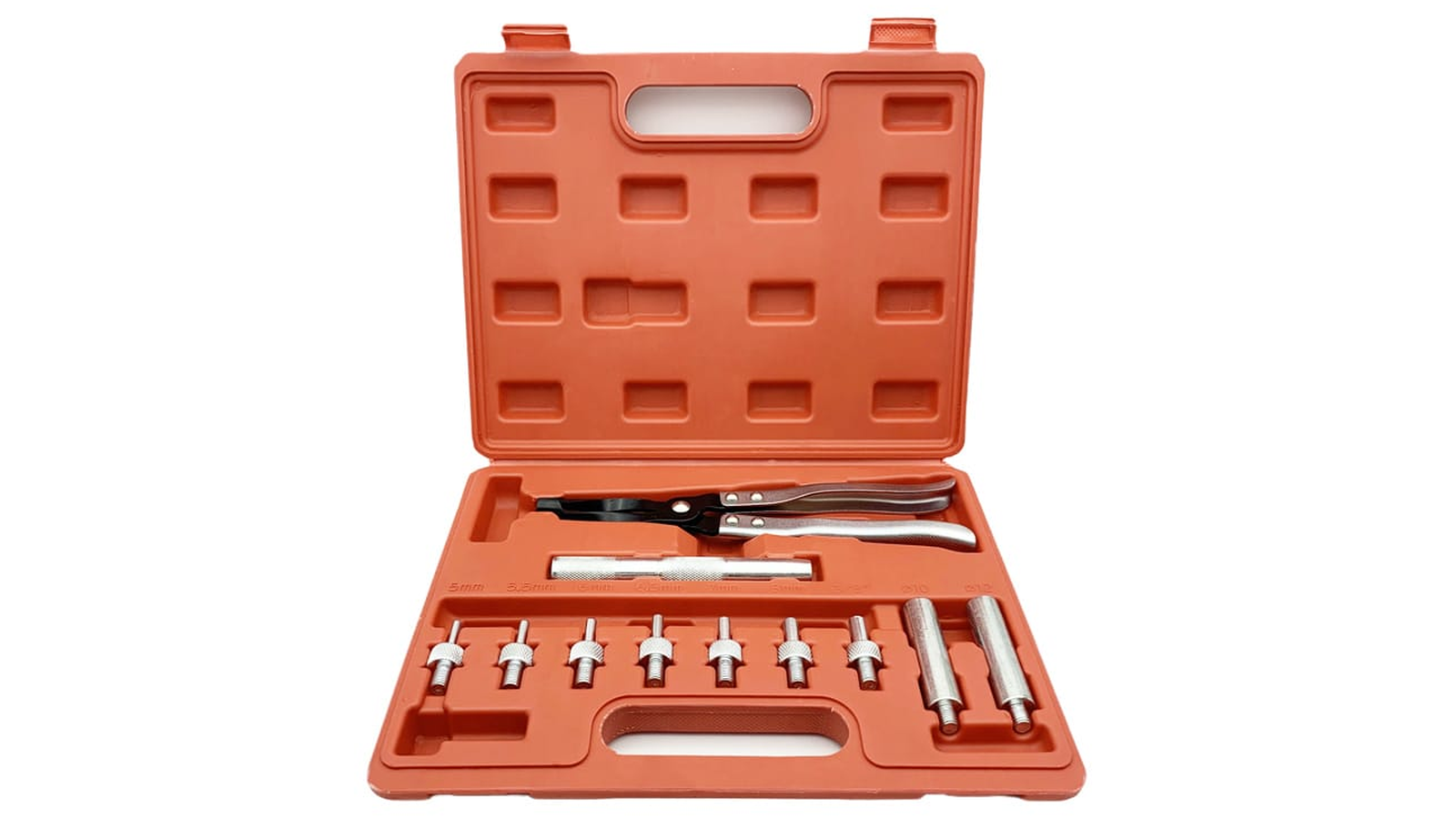 Valve stem seal tool set: the kit in its open case with the valve seal plier, driving socket, size-marked adapters and deep sockets, on a bright white background