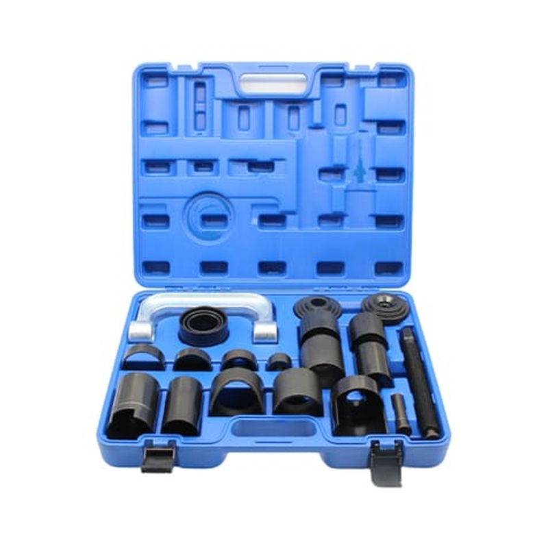 21pcs ball joint puller kit in a blue case with C-frame press, adapters and receiving tubes